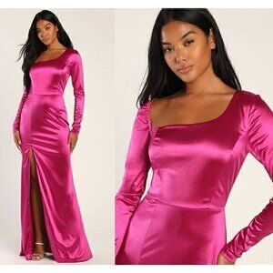 Lulu's Off to the Ball Magenta Satin Long Sleeve Maxi Dress Size M NWT